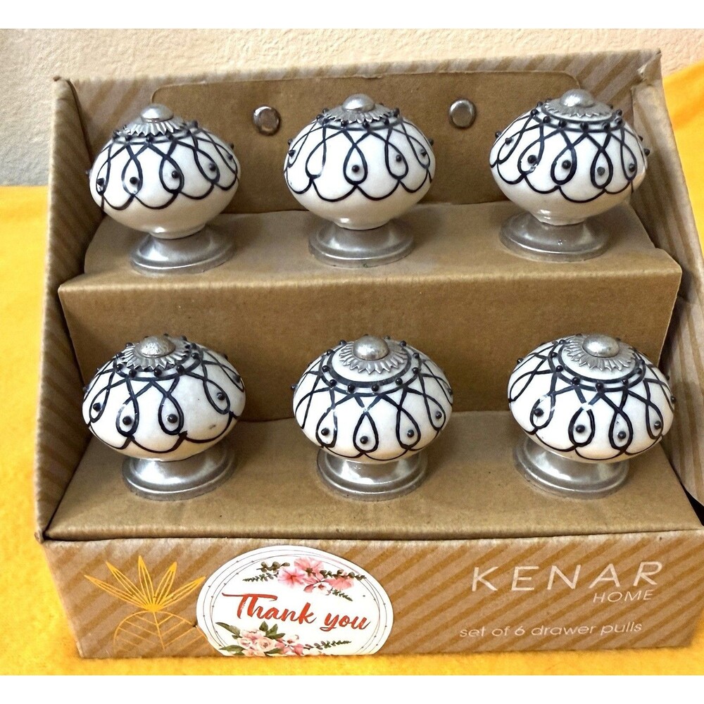 6 Drawer Pulls Black & White Silver Knobs 1.75" New